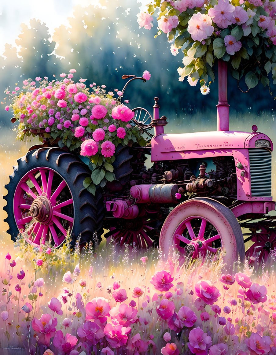 Collection de tracteurs roses ArtVibe™ (EXCLUSIF) - Wagon de fleurs  sauvages (16x20/40x50cm)