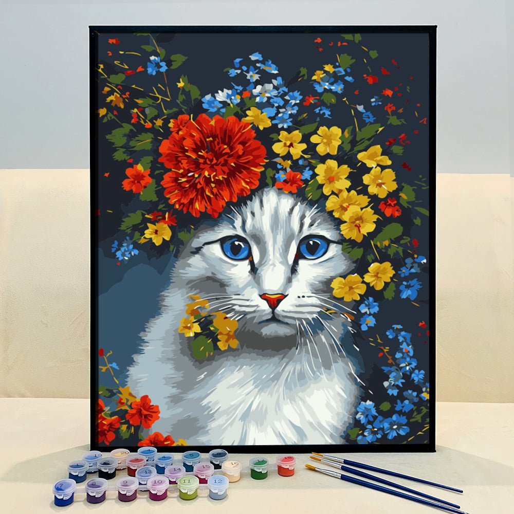 ArtVibe™ DIY Painting By Numbers - Cat in flowers (16x20" / 40x50cm) - ArtVibe Paint by Numbers