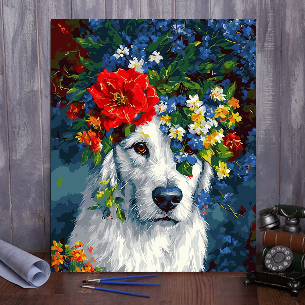 ArtVibe™ DIY Painting By Numbers - Dog in flowers (16x20" / 40x50cm) - ArtVibe Paint by Numbers